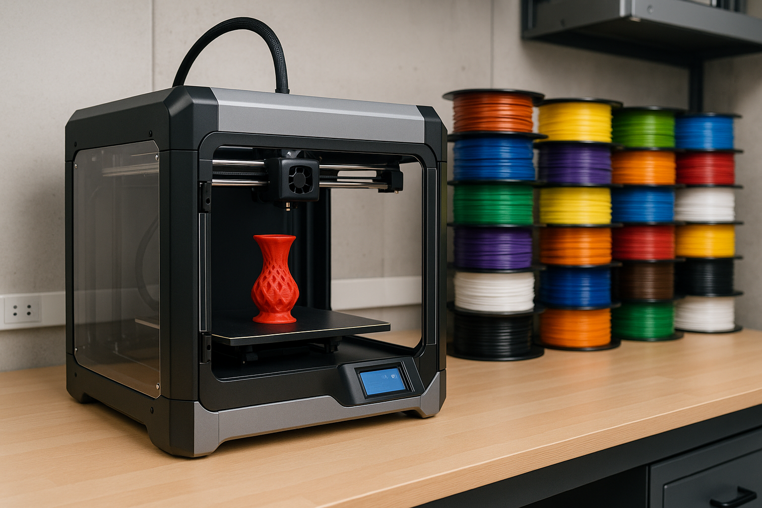 w pracowni ma stać zamknięta drukarka 3d a obok filamenty w różnym kolorze